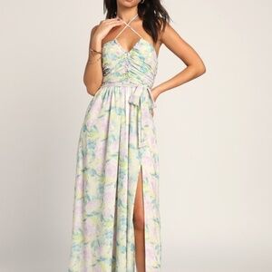 Lulus Effortlessly Abloom Green Multi Floral Ruched Halter Maxi Dress - Size XL